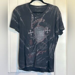 Distressed Black V-Neck Graphic Tee with Faded Crest